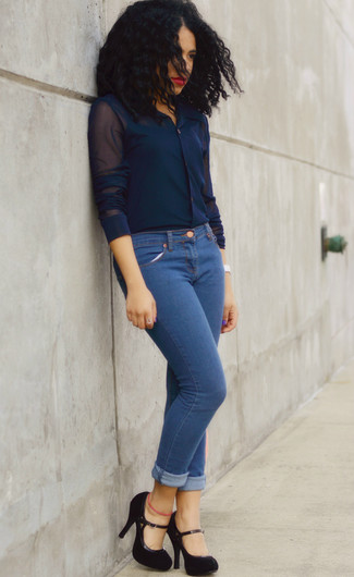Navy Button Down Blouse Outfits: 
