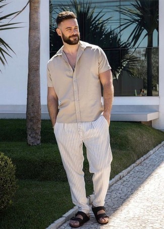 Beige Short Sleeve Shirt Outfits For Men: 