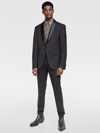 Beige Leopard Long Sleeve Shirt Outfits For Men: Marrying a beige leopard long sleeve shirt and a black suit is a surefire way to inject your wardrobe with some rugged sophistication. As for footwear, complete your outfit with a pair of black leather chelsea boots.