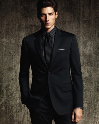 Men's Black Suit, Black Check Dress Shirt, Black Vertical Striped Tie