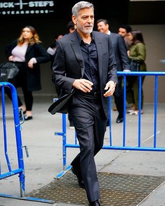 George Clooney wearing Black Suit, Black Dress Shirt, Black Leather Oxford Shoes, Black Leather Belt
