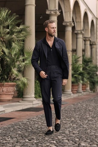 Black Suede Tassel Loafers Outfits: Show that you do smart menswear like a men's fashion guru in a black suit and a black polo. Finishing with black suede tassel loafers is the simplest way to bring a little flair to your ensemble.