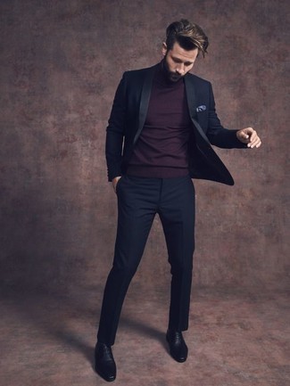 Dark Purple Turtleneck Outfits For Men: For a look that's classy and truly gasp-worthy, try pairing a dark purple turtleneck with a black suit. Black leather derby shoes are a wonderful option to finish off your ensemble.