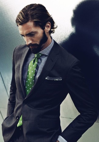 Men's Black Suit, Grey Plaid Dress Shirt, Green Polka Dot Tie, Grey Pocket Square