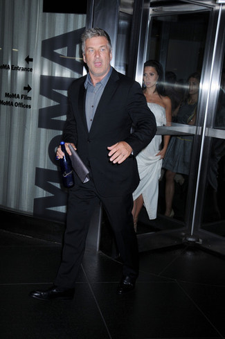 Alec Baldwin wearing Black Suit, Grey Long Sleeve Shirt, Black Leather Loafers