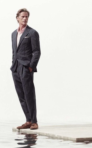 Men's Black Vertical Striped Suit, Pink Polo, Brown Suede Tassel Loafers, Pink Pocket Square