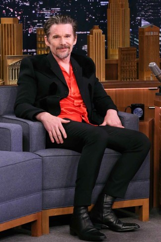 Ethan Hawke wearing Black Suit, Red Silk Long Sleeve Shirt, Black Leather Chelsea Boots