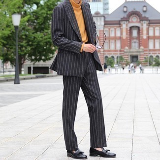 Black and White Vertical Striped Suit Outfits: A black and white vertical striped suit and a tobacco turtleneck make for the ultimate casually sleek outfit. And if you want to effortlessly up the style ante of your outfit with one item, why not complete this outfit with a pair of black leather tassel loafers?