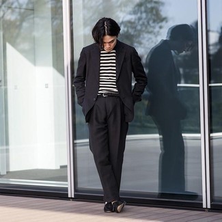 Black Suede Tassel Loafers Outfits: A black suit and a white and black horizontal striped crew-neck t-shirt are good for both dressy situations and day-to-day wear. Finishing with a pair of black suede tassel loafers is a guaranteed way to breathe a sense of elegance into your ensemble.