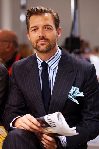 Patrick Grant wearing Black Vertical Striped Suit, White and Blue Vertical Striped Dress Shirt, Navy Tie, White and Blue Print Pocket Square
