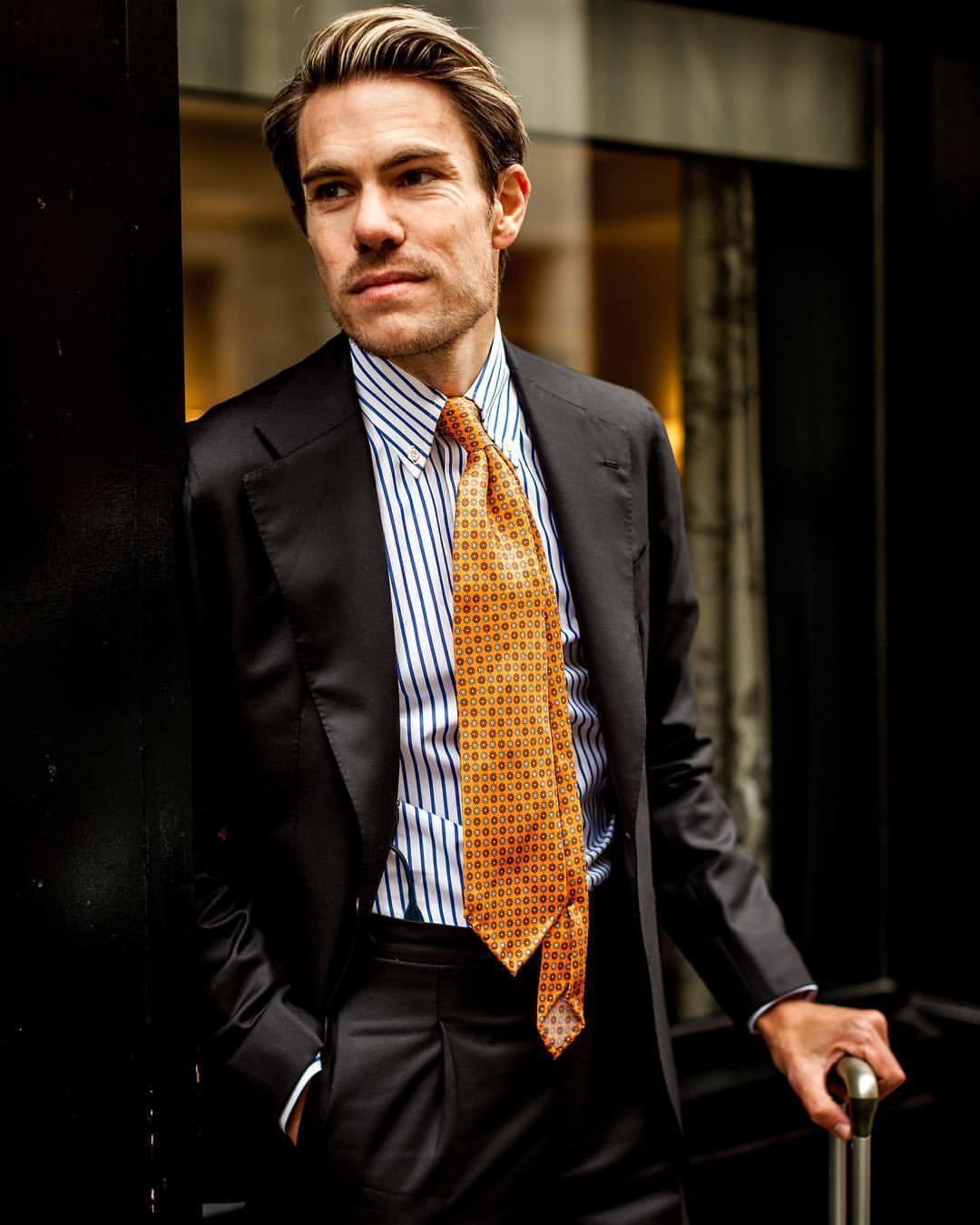 Men'S Black Suit, White And Blue Vertical Striped Dress Shirt, Orange Print  Tie | Lookastic