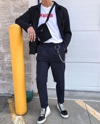 Black and White High Top Sneakers Outfits For Men: A black vertical striped suit and a white and red print crew-neck t-shirt are the kind of a foolproof look that you so terribly need when you have zero time to spare. Feeling transgressive today? Jazz things up by finishing off with black and white high top sneakers.