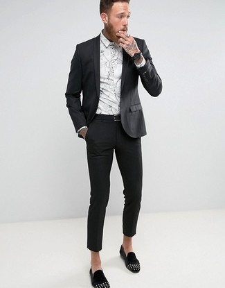 black suit with black loafers