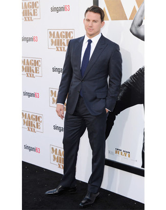 Channing Tatum wearing Black Suit, White Dress Shirt, Black