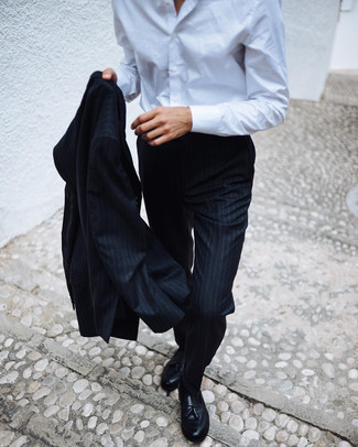 Men's Black Vertical Striped Suit, White Dress Shirt, Black Leather Tassel Loafers, Black Socks