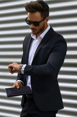 White Dress Shirt with Black Suit Outfits: A black suit and a white dress shirt are essential in a great man's wardrobe.