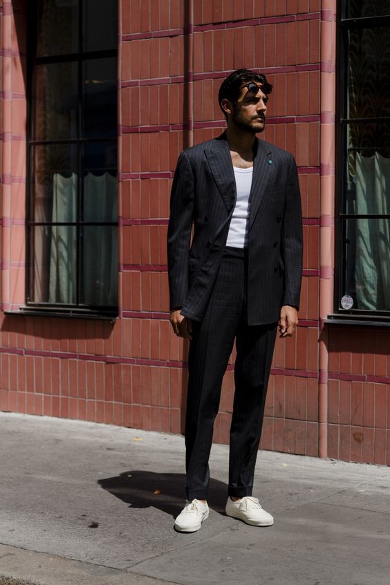 Men's Black Vertical Striped Suit, White Tank, White Canvas Low Top  Sneakers, Black Sunglasses | Lookastic