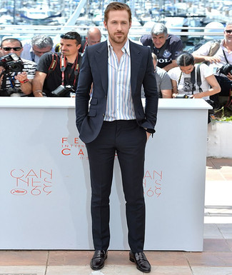 Ryan Gosling wearing Black Suit, White Vertical Striped Long Sleeve Shirt, Black Leather Loafers