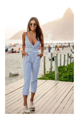 Women's Black Sunglasses, Beige Leather Platform Loafers, White and Navy Vertical Striped Jumpsuit