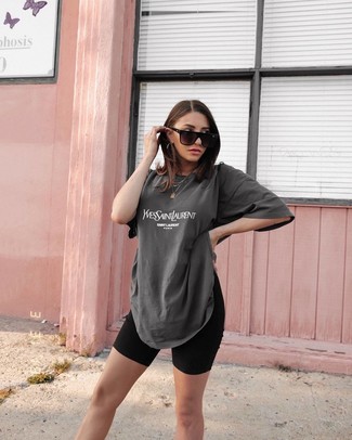 Women's Black Sunglasses, Black Bike Shorts, Charcoal Print Crew-neck T-shirt