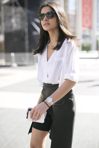 Women's Silver Watch, Black Sunglasses, Black Leather Mini Skirt, White Long Sleeve Blouse
