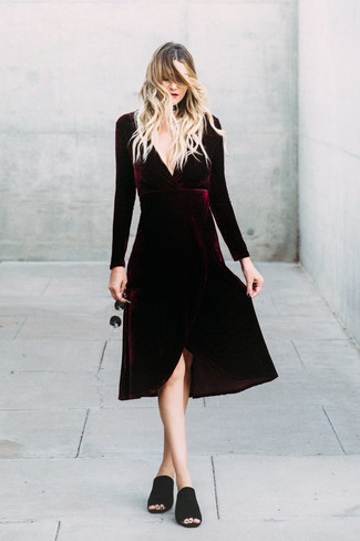 Burgundy Velvet Midi Dress Outfits: 