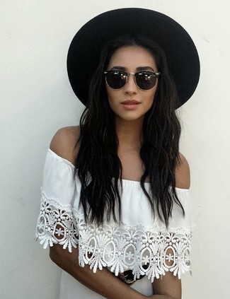 Women's Black Sunglasses, Black Wool Hat, White Off Shoulder Top