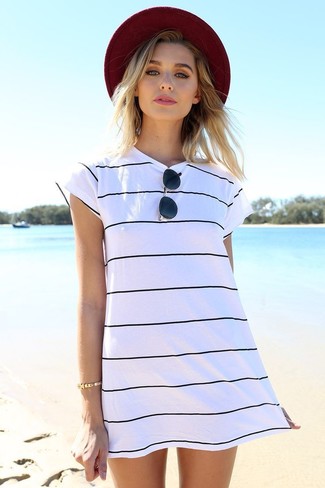 White and Black Horizontal Striped Casual Dress Outfits: 