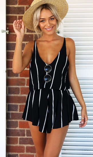 Black and White Vertical Striped Playsuit Outfits: 