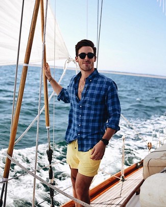 Yellow Swim Shorts with Long Sleeve Shirt Outfits: 