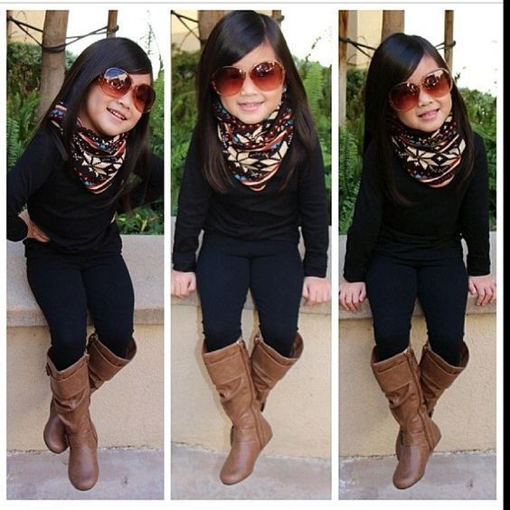 Girls' Black Sweater, Black Leggings, Brown Boots | Girls' Fashion