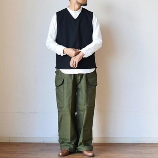 Men's Black Sweater Vest, White Long Sleeve Shirt, Olive Cargo Pants, Brown Leather Loafers