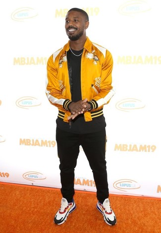 Yellow Satin Bomber Jacket Outfits For Men: 