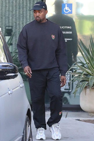 Men's Black Sweatshirt, Black Sweatpants, Grey Athletic Shoes, Black Baseball Cap