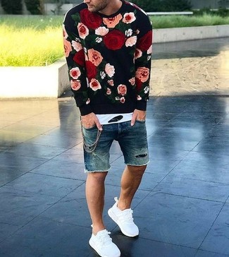 Navy Denim Shorts Outfits For Men: Extremely dapper, this combo of a black floral sweatshirt and navy denim shorts offers variety. A pair of white athletic shoes will immediately play down an all-too-polished look.