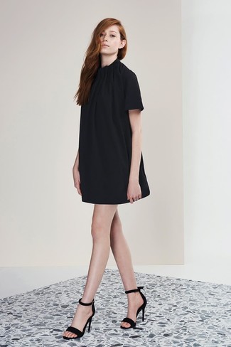 T By Leather Trimmed Crepe Melange Trapeze Dress