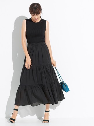 Black Pleated Midi Skirt Outfits: This pairing of a black knit tank and a black pleated midi skirt is ideal for weekend days. Rounding off with a pair of black leather heeled sandals is an effortless way to inject an extra dose of style into your getup.