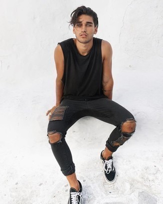 Black Tank with Black and White Canvas Low Top Sneakers Outfits For Men (6  ideas & outfits)