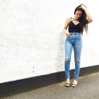 Ripped Repaired Stiletto Jeans Blue