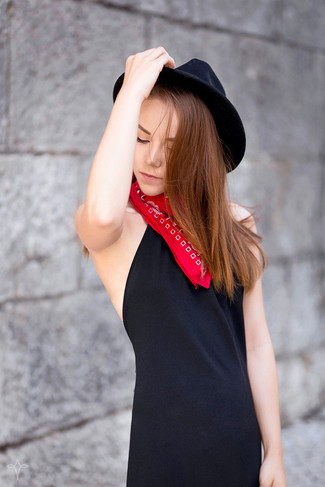 Women's Black Tank Dress, Black Wool Hat, Red Print Bandana