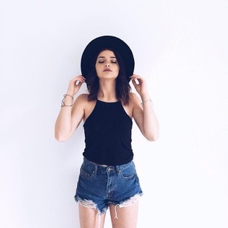 Blue Ripped Denim Shorts Outfits For Women: Go for a simple but at the same time casually edgy option putting together a black tank and blue ripped denim shorts.