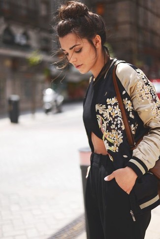 Black Embroidered Bomber Jacket Outfits For Women: 