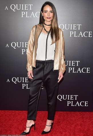 Jordana Brewster wearing Black Leather Pumps, Black Silk Tapered Pants, White Silk Tank, Gold Bomber Jacket