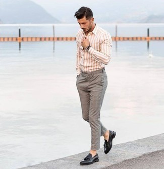 Beige Vertical Striped Long Sleeve Shirt Outfits For Men: 