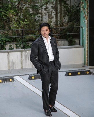 Men's Beige Pocket Square, Black Leather Tassel Loafers, White Short Sleeve Shirt, Black Vertical Striped Suit