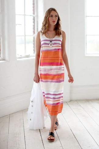 Multi colored Horizontal Striped Midi Dress Outfits: 