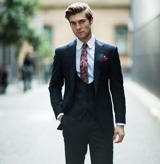 Burgundy Paisley Tie Outfits For Men: Teaming a black three piece suit and a burgundy paisley tie is a fail-safe way to inject your styling repertoire with some masculine refinement.