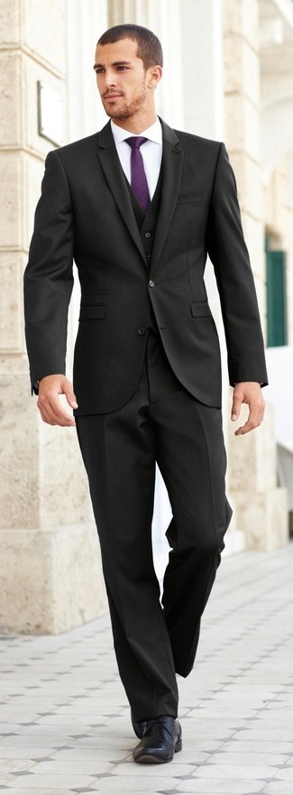 Men's Black Three Piece Suit, White Dress Shirt, Black Leather Brogues, Dark Purple Tie