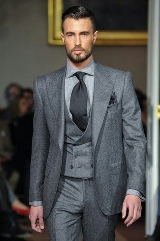 Men's Black Pocket Square, Black Tie, Grey Dress Pants, Grey Three Piece Suit