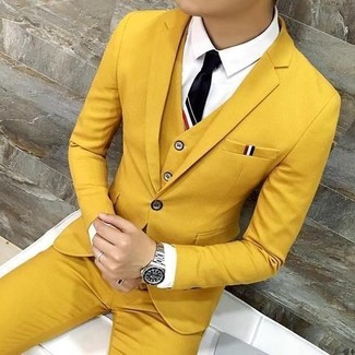 Men's Silver Watch, Black Tie, White Dress Shirt, Mustard Three Piece Suit